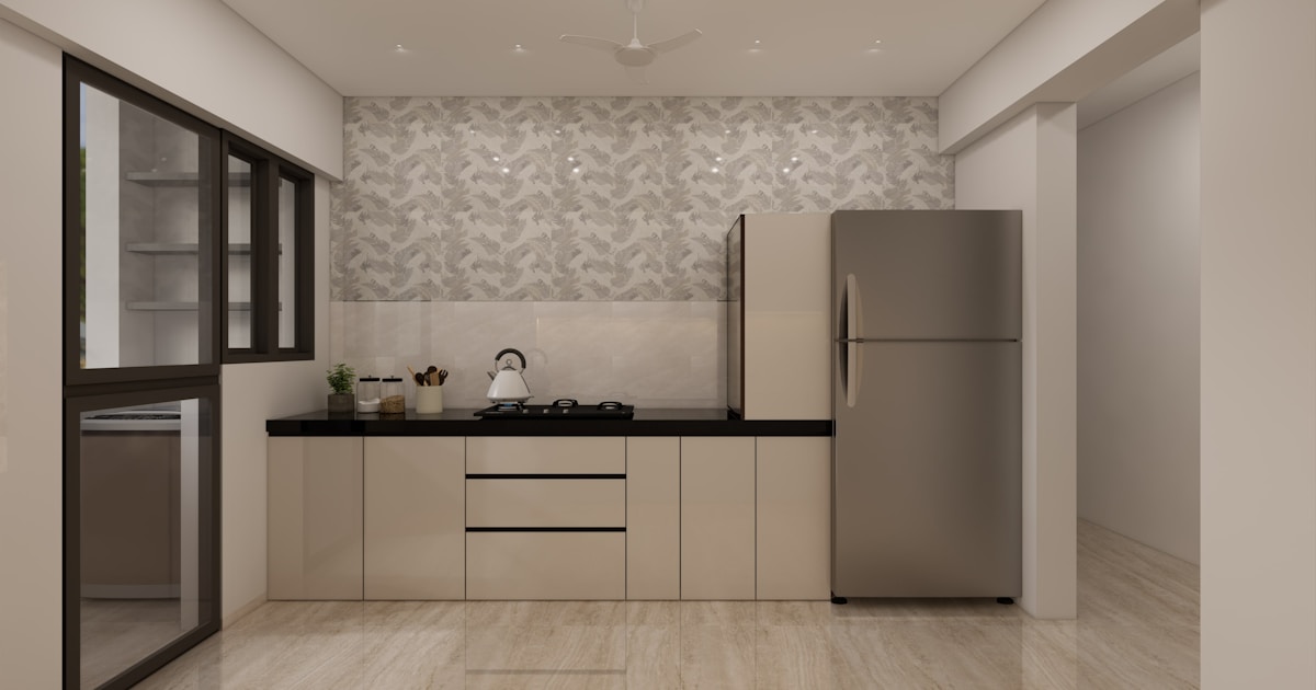 Modern Minimalist Kitchen Design ✨🍽️ This contemporary kitchen features a sleek, minimalist aesthetic with glossy beige cabinetry and a striking black countertop, creating a balanced and sophisticated look. The backsplash combines subtle marble textures with a decorative patterned accent wall, adding visual interest without overwhelming the space. Large windows ensure ample natural light, while the stainless steel refrigerator and built-in cooktop enhance both functionality and style.