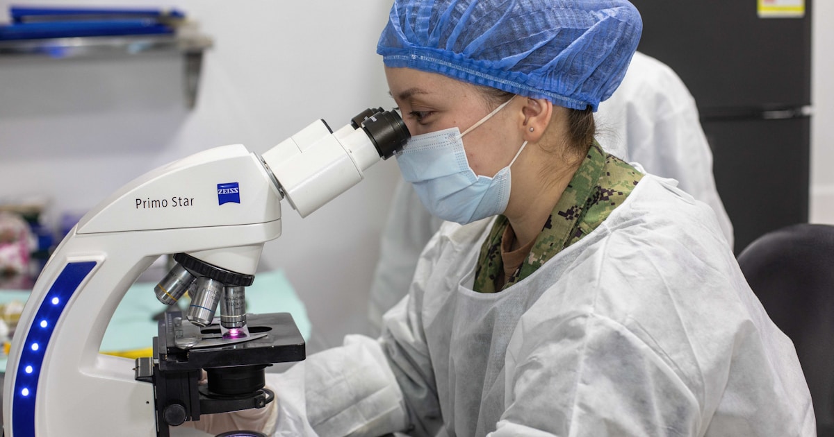 CARTAGENA, Colombia (Nov. 15, 2022) Hospitalman Emily Tamez, a medical laboratory technician assigned to hospital ship USNS Comfort (T-AH 20), looks at microorganisms through a microscope during a subject matter expert exchange at Hospital Naval de Cartagena in Cartagena, Colombia during Continuing Promise 2022, Nov. 15, 2022. Continuing Promise is a humanitarian assistance and goodwill mission conducting direct medical care, expeditionary veterinary care, and subject matter expert exchanges with five partner nations in the Caribbean, Central and South America. (U.S. Army photo by Cpl. Genesis Gomez)
