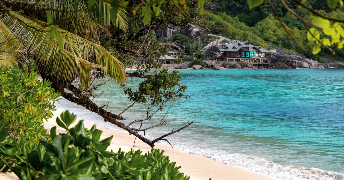 a beach with a house in the background